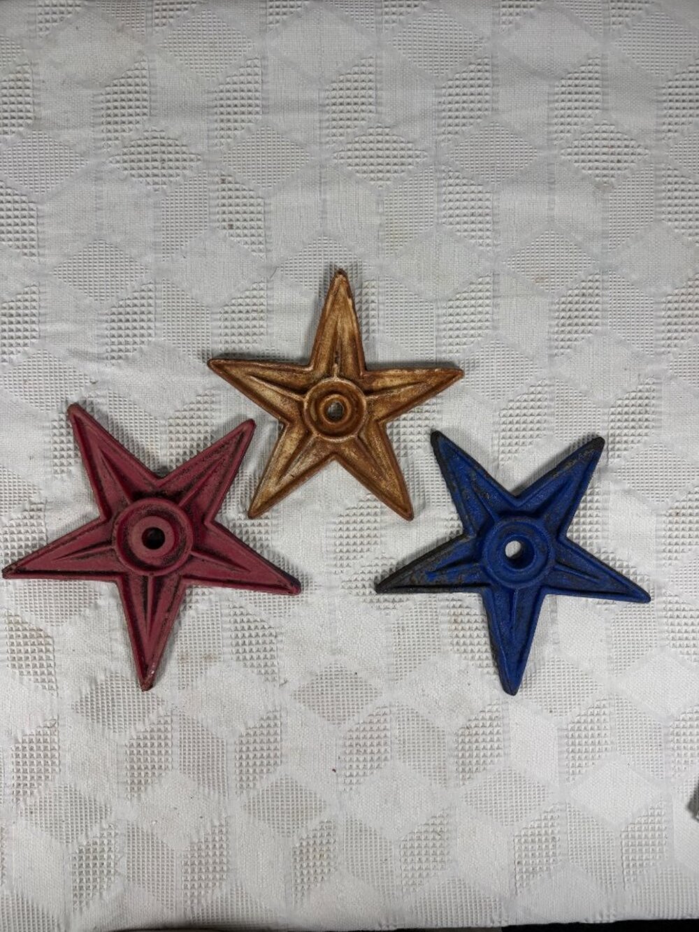 Set Of 3 Distressed Cast Iron Stars In Red White and Blue Finish Rustic Patina